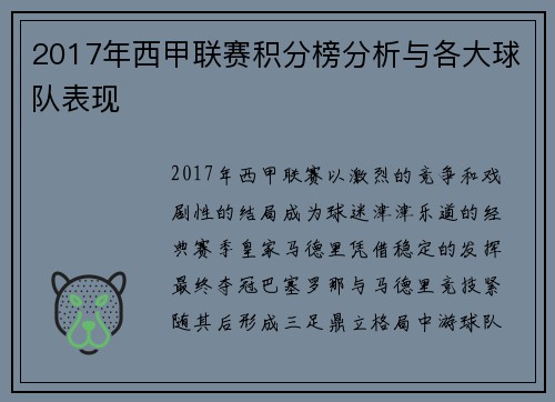 2017年西甲联赛积分榜分析与各大球队表现