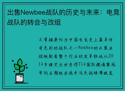 出售Newbee战队的历史与未来:电竞战队的转会与改组