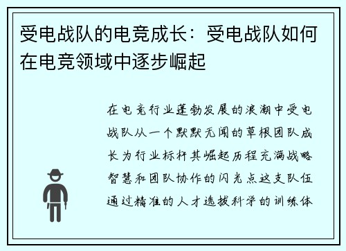 受电战队的电竞成长:受电战队如何在电竞领域中逐步崛起