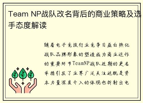 Team NP战队改名背后的商业策略及选手态度解读