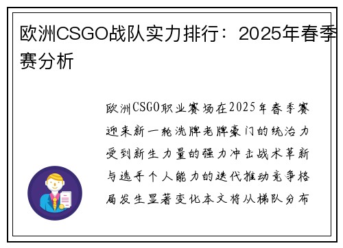 欧洲CSGO战队实力排行：2025年春季赛分析